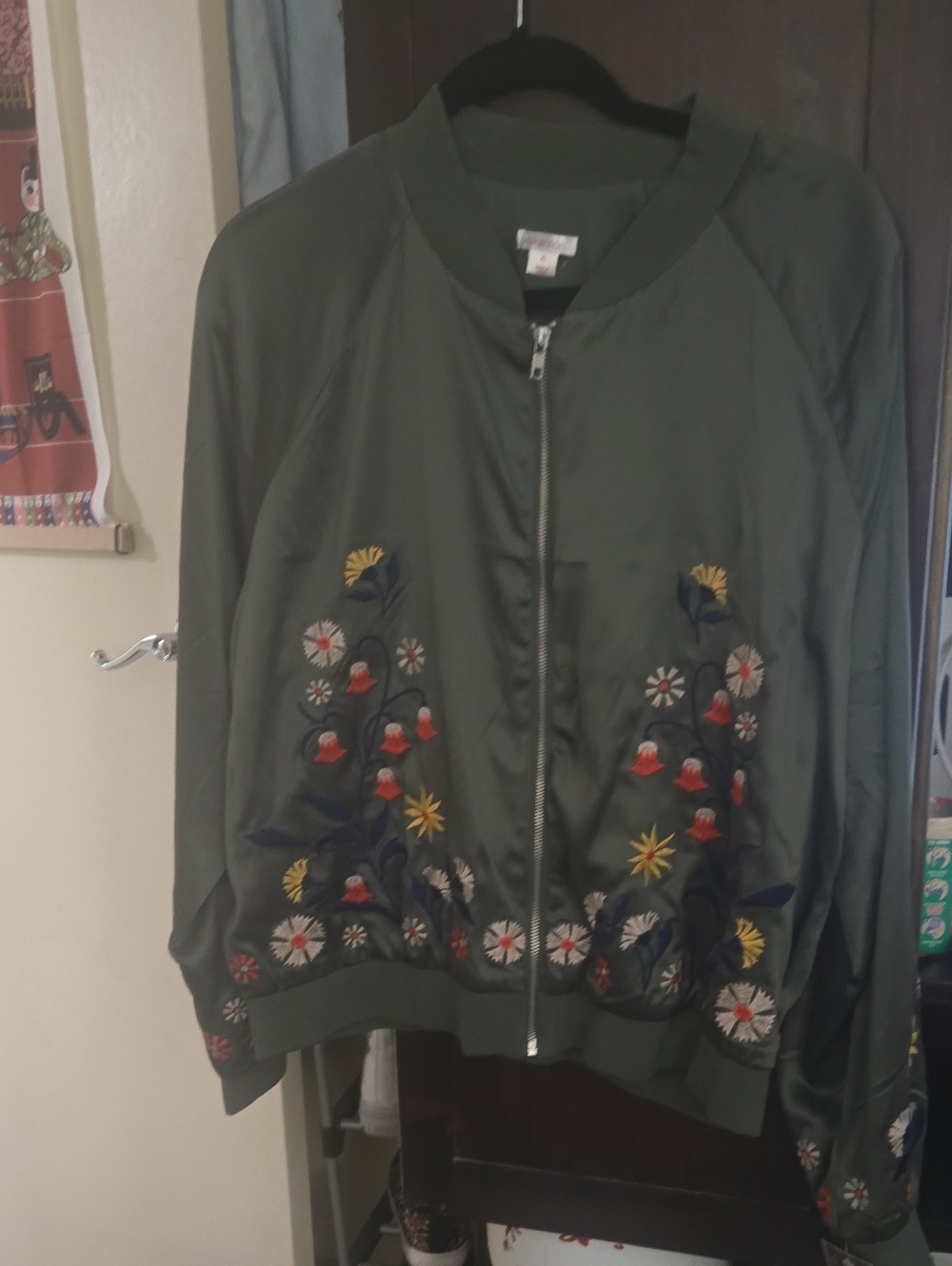 Xhilaration Olive Green Embroidered Bomber Jacket